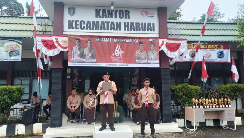 Serma Pranoto Hadiri Upacara Hari Pramuka ke-65 di Kecamatan Haruai
