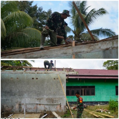 Satgas TMMD ke-126 Kodim 1208/Sambas Bongkar Atap MCK Sekolahan untuk Perbaikan